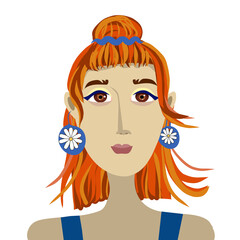 Vector red hair girl with daisy earrings