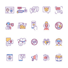 Cyberharassment RGB color icons set. Security option. Anonymity in online interactions. Text bullying. Social media threat for adolescents. Cyberstalking prevention. Isolated vector illustrations