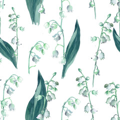 Lily of the vallye branches with leaves watercolor isolated on white background seamless pattern for all prints. Hand painted.