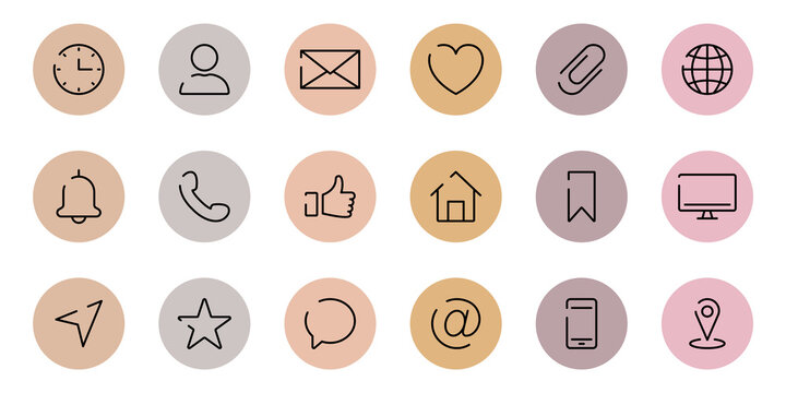 Instagram Highlights Cover Icons. Set of Website Contact Info Icons. Highlights Stories Covers Line Pictogram for Business Card. Editable stroke. Vector illustration