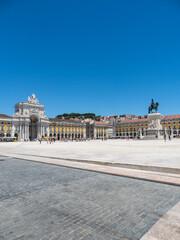 Fototapeta na wymiar Trading square, Praça do Comercio, triumphal arch Arco da Rua Augusta with Justice Miniterium, equestrian statue of King Jose I, Baixa, Lisbon, Portugal