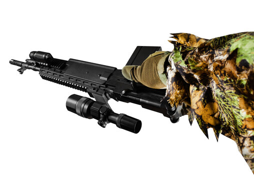 Isolated photo of first person view arm holding sniper rifle in ghillie suit on white background.