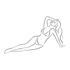 Line Art of a Lying Woman in Bikini. Contour drawing of relaxing beautiful young woman. Hand drawn isolated vector illustrations for logo, emblem template, web, prints