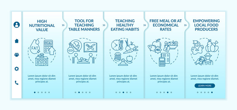 School meal requirements onboarding vector template. Responsive mobile website with icons. Web page walkthrough 5 step screens. Teaching table manners color concept with linear illustrations