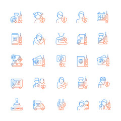 Vaccination and covid passport gradient linear vector icons set. Vaccine distribution. Virus treatment. Thin line contour symbols bundle. Isolated vector outline illustrations collection
