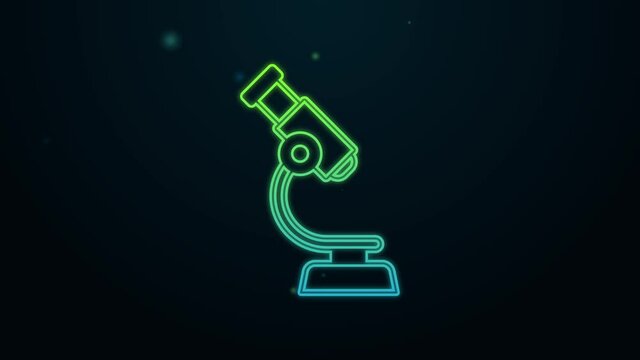 Glowing neon line Microscope icon isolated on black background. Chemistry, pharmaceutical instrument, microbiology magnifying tool. 4K Video motion graphic animation