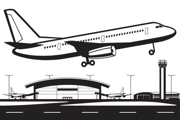 Aircraft landing on runway at airport - vector illustration