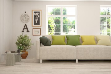 Minimalist living room in white color with sofa and summer landscape in window. Scandinavian interior design. 3D illustration