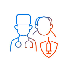 Vaccination priority list gradient linear vector icon. Senior patient with doctor. Age group for vaccine injection. Thin line color symbols. Modern style pictogram. Vector isolated outline drawing