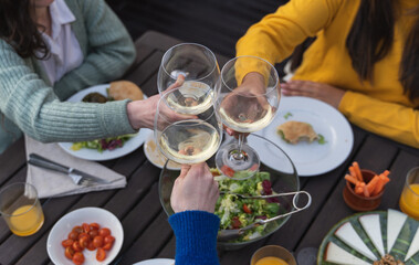 Group of woman toasting with white wine in a table