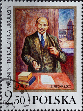 POLAND-CIRCA 1980 : A post stamp printed in Poland showing a portrait of the politician and leader Vladimir Ilyich Lenin in dress and tie