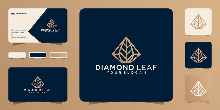 diamond leaf shape with gold color outline style icon design and business card