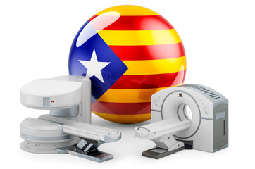 MRI and CT Diagnostic, Research Centres in Catalonia. MRI machine and CT scanner with Catalan flag, 3D rendering
