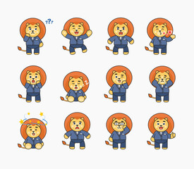 Set of lion characters in business suit showing various emotions, poses. Cute lion thinking, crying, sleeping, angry and showing other expressions. Vector illustration