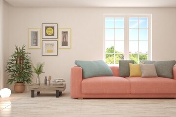 White living room with colorful sofa. Scandinavian interior design. 3D illustration