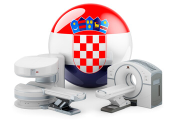 MRI and CT Diagnostic, Research Centres in Croatia. MRI machine and CT scanner with Croatian flag, 3D rendering