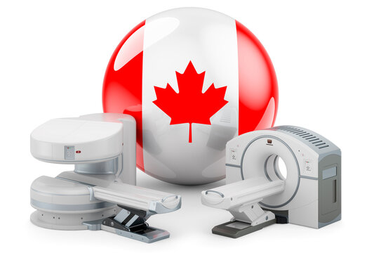 MRI and CT Diagnostic, Research Centres in Canada. MRI machine and CT scanner with Canadian flag, 3D rendering