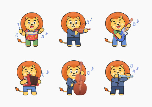 Set of lion characters playing on various musical instruments. Cute lion playing on drum, guitar, violin, flute, accordion, double bass. Vector illustration