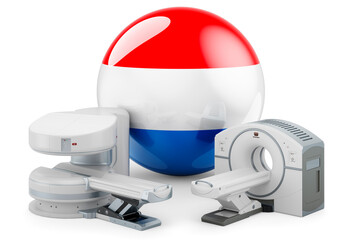 MRI and CT Diagnostic, Research Centres in Luxembourg. MRI machine and CT scanner with Luxembourgish flag, 3D rendering