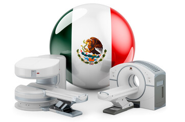MRI and CT Diagnostic, Research Centres in Mexico. MRI machine and CT scanner with Mexican flag, 3D rendering