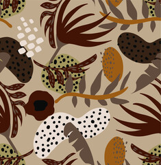 Abstract Hand Drawing Tropical Monstera Exotic Leaves and Geometric Shapes Repeating Vector Pattern Isolated Background