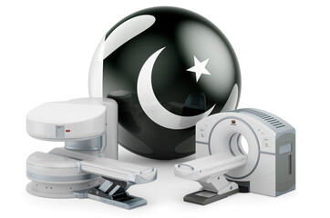 MRI and CT Diagnostic, Research Centres in Pakistan. MRI machine and CT scanner with Pakistani flag, 3D rendering