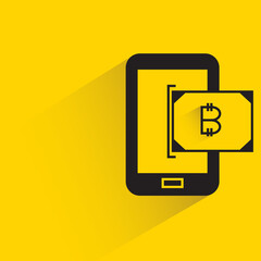 smartphone and bitcoin bank icon with shadow on yellow background