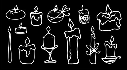 Vector set of burning candles. doodle-style candles of various shapes with wax smudges and a burning wick, with candlesticks and bows, isolated with a white line on a black background for a label desi