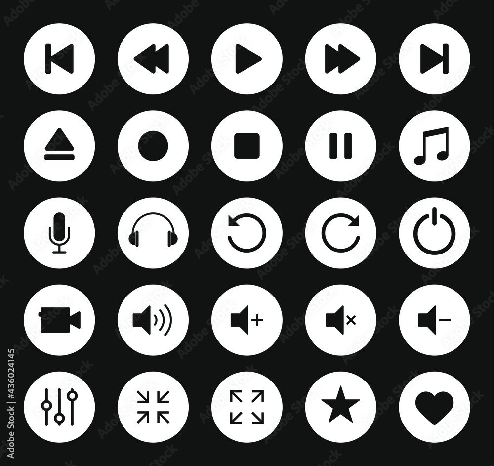 Aufkleber audio and video icon symbol set. volume control button collection. interface and application sign el