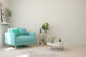 White living room with blue armchair. Scandinavian interior design. 3D illustration