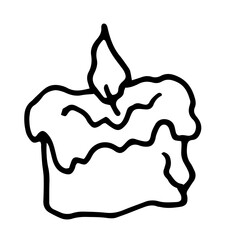 A burning wax candle. Vector isolated element of a small long-burning candle with molten wax drops, hand-drawn in doodle style with a black line on a white background for a design template.