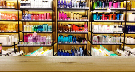 Obraz premium Empty table or counter for your product or text. Table top, mock up. A blurry image of a shop with cosmetics and perfumes. 