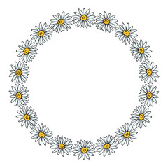 Round frame with chamomile on white background. Vector image.