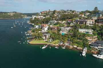 Aerial view of prestige waterfront houses in the Sydney suburb of Seaforth, Australia.