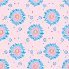 Seamless floral background with pink and blue flowers on a pink background. Spring and summer flowering elements. For textiles, wallpapers, backgrounds and postcards.