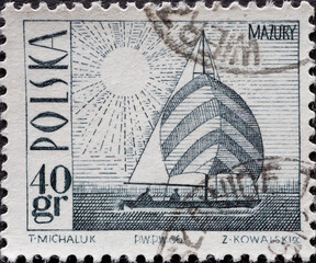POLAND-CIRCA 1966 : A post stamp printed in Poland showing a tourist attraction: sailing boat in Masuria