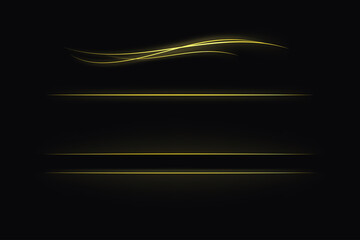 Vector set of different light lines and waves. Gold bright borders isolated on the dark background. It can be used as a decorative design element or divider.