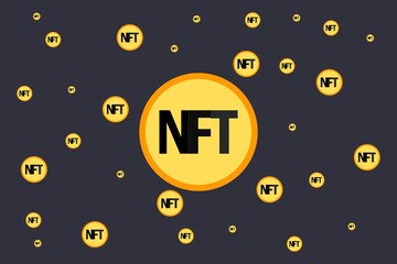 NFT nonfungible tokens infographics with gold isometric coins on dark background. Pay for unique collectibles in art or games. Vector illustration.
