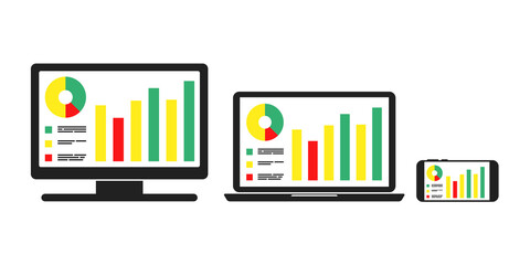 Analyzing graph on computer, laptop, and mobile smartphone screen. Business plan and audit research report. Economy market investment. Illustration vector