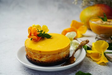 Naklejka na ściany i meble Homemade Mango Mousse Cake - Summer desserts, selective focus