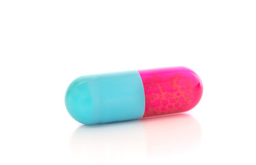 Close up covid medicine capsules isolated on white background