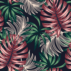 Motif tropical sans couture d& 39 été avec des plantes et des feuilles colorées lumineuses sur un fond sombre. Feuille de jungle vectorielle continue de fond floral. Motif exotique sans couture avec des plantes tropicales.