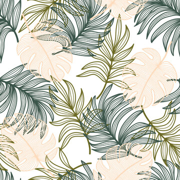 Summer seamless tropical pattern with bright colorful plants and leaves on a light background. Beautiful print with hand drawn exotic plants. Trendy summer Hawaii print.