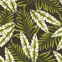 Seamless original tropical pattern with bright colorful plants and leaves on a dark green background. Modern abstract design for fabric, paper, interior decor. Tropic leaves in bright colors.