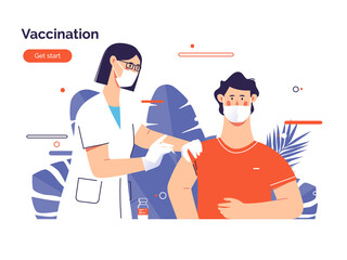 Vector illustration depicting a female doctor vaccinates a man patient against coronavirus