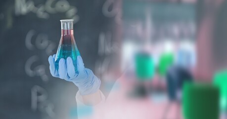 Composition of scientist holding beaker working in laboratory and copy space