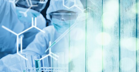 Composition of scientists in ppe suits with test tubes working in laboratory and chemical compounds