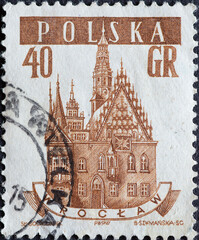 POLAND-CIRCA 1958 : A post stamp printed in Poland showing the historic Town hall in Woroclaw