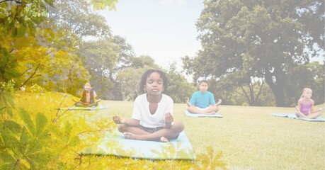 Composition of children practicing yoga on yoga mats in park with tree overlay