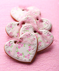 Handmade gingerbread cakes in the shape of hearts painted with a floral pattern on a pink background. A set of exclusive gingerbread cookies. A sweet gift. A gift for Valentine's Day.